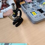 Schüler untersucht Mikroskop im Wissenschaftsunterricht