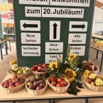 Fest mit Obstkörben und Willkommensschild dekoriert